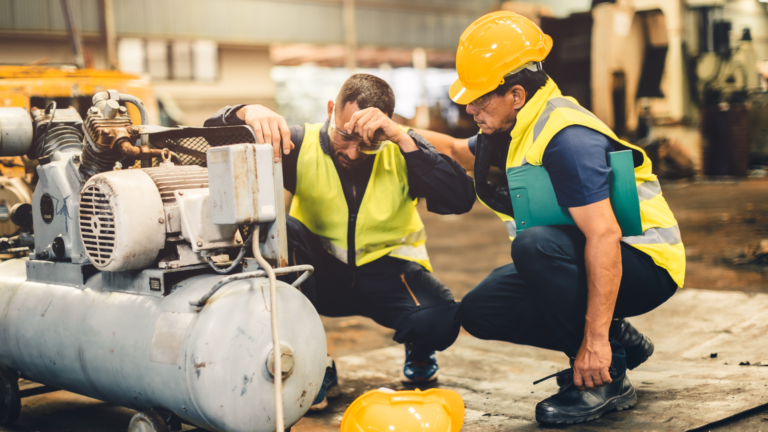 Injured worker crouching in pain after incident occurred.